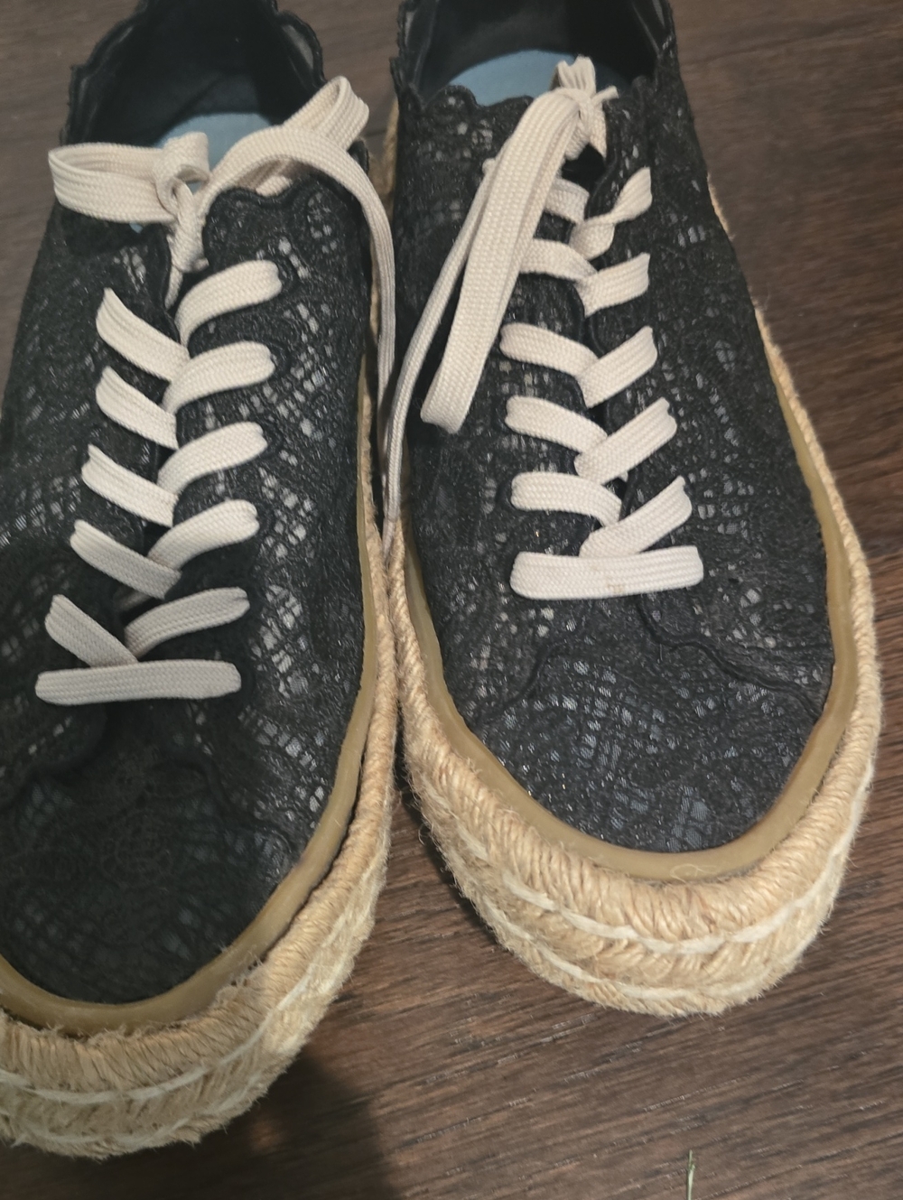 Womens Black Lace Espadrille Sneakers with Cream Laces